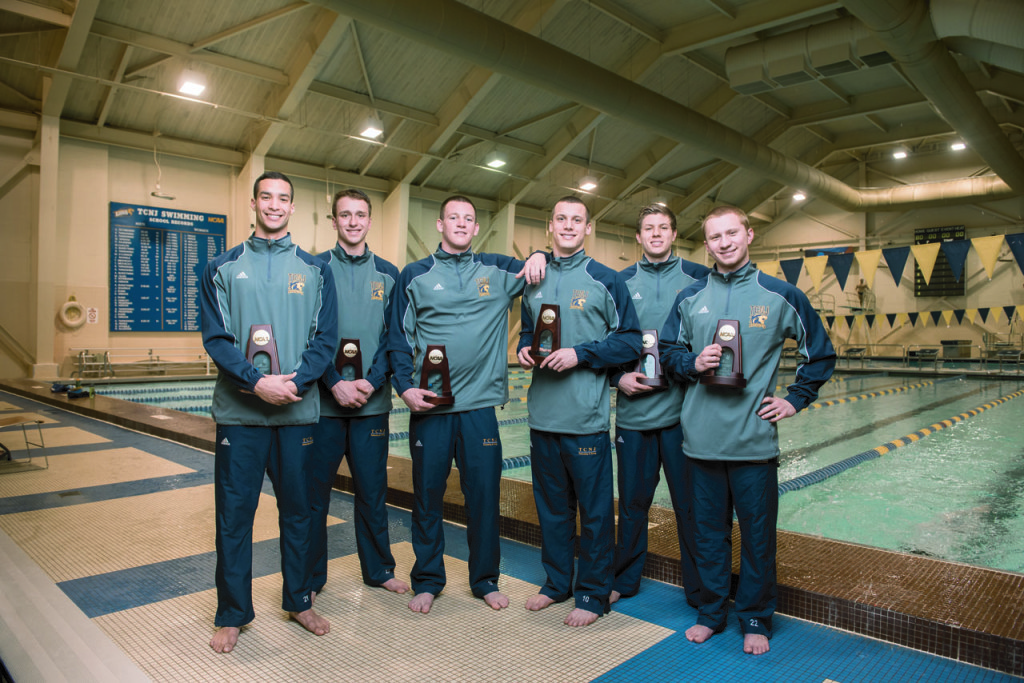 The TCNJ national championship men's swimming relay teams, photographed at the College of New Jersey in Ewing NJ, 26 March 2015.