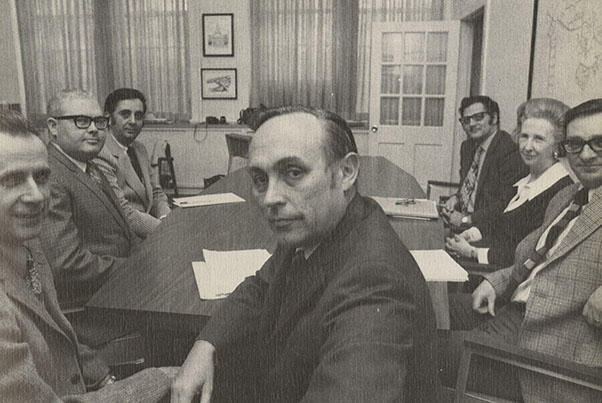 President Clayton Brower in 1972 with James Forcina ’38 (far left) and other TSC administrators.