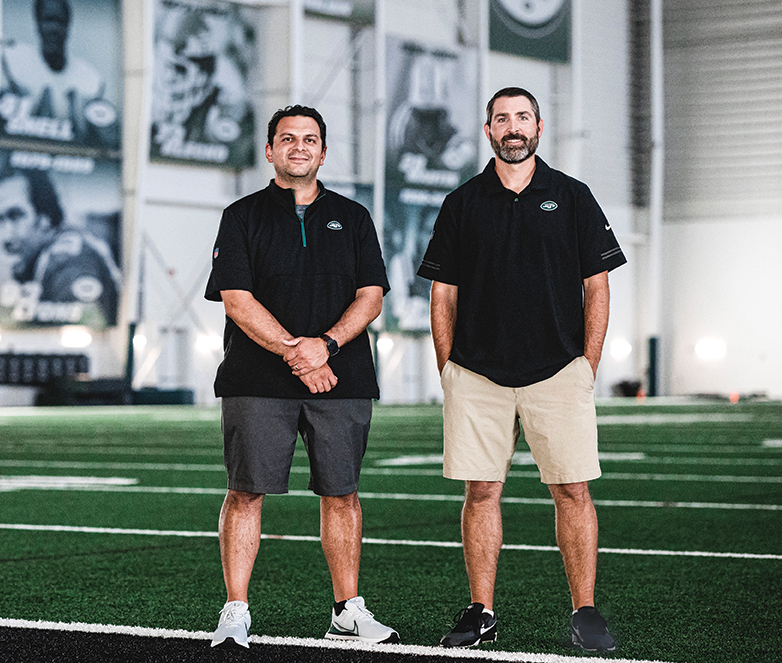 Greg Nejmeh ’08 (left) and Dan Zbojovsky ’07 at the New York Jets training facility in Florham Park, NJ.