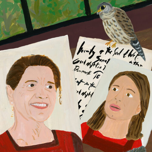 Professor Jo Carney looks at a likeness of Shakespeare’s wife from the movie Hamnet. A quill and ink and a falcon surround the women.